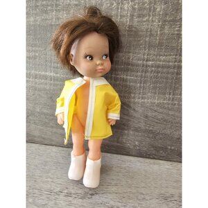 Vtg Doll in Yellow Rain Coat Dress White Boots Tan African American 8" 1970s